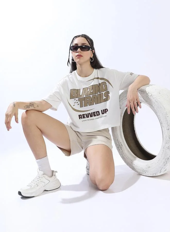 HIGH STAR Women's Off-White 100% Cotton Printed Cropped Boxy Fit T-Shirt